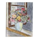 Watercolor painting "Bouquet of flowers on the window" + frame
