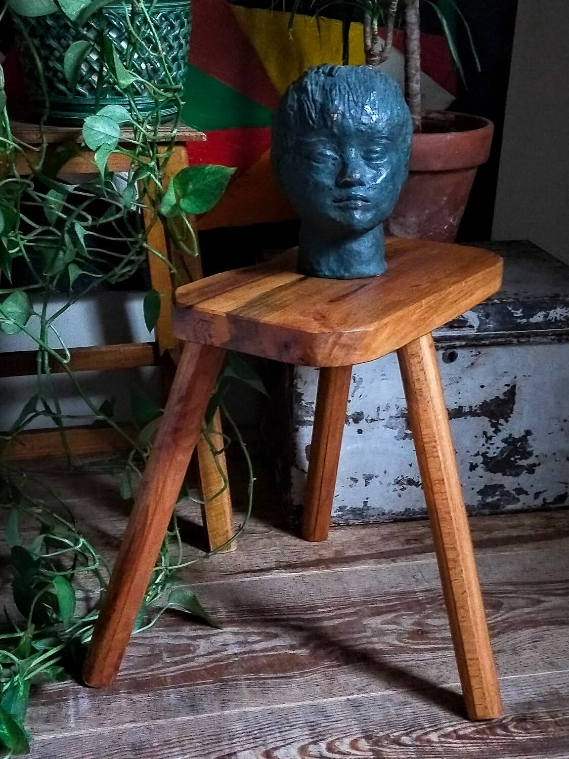Solid wood tripod stool from the 50s