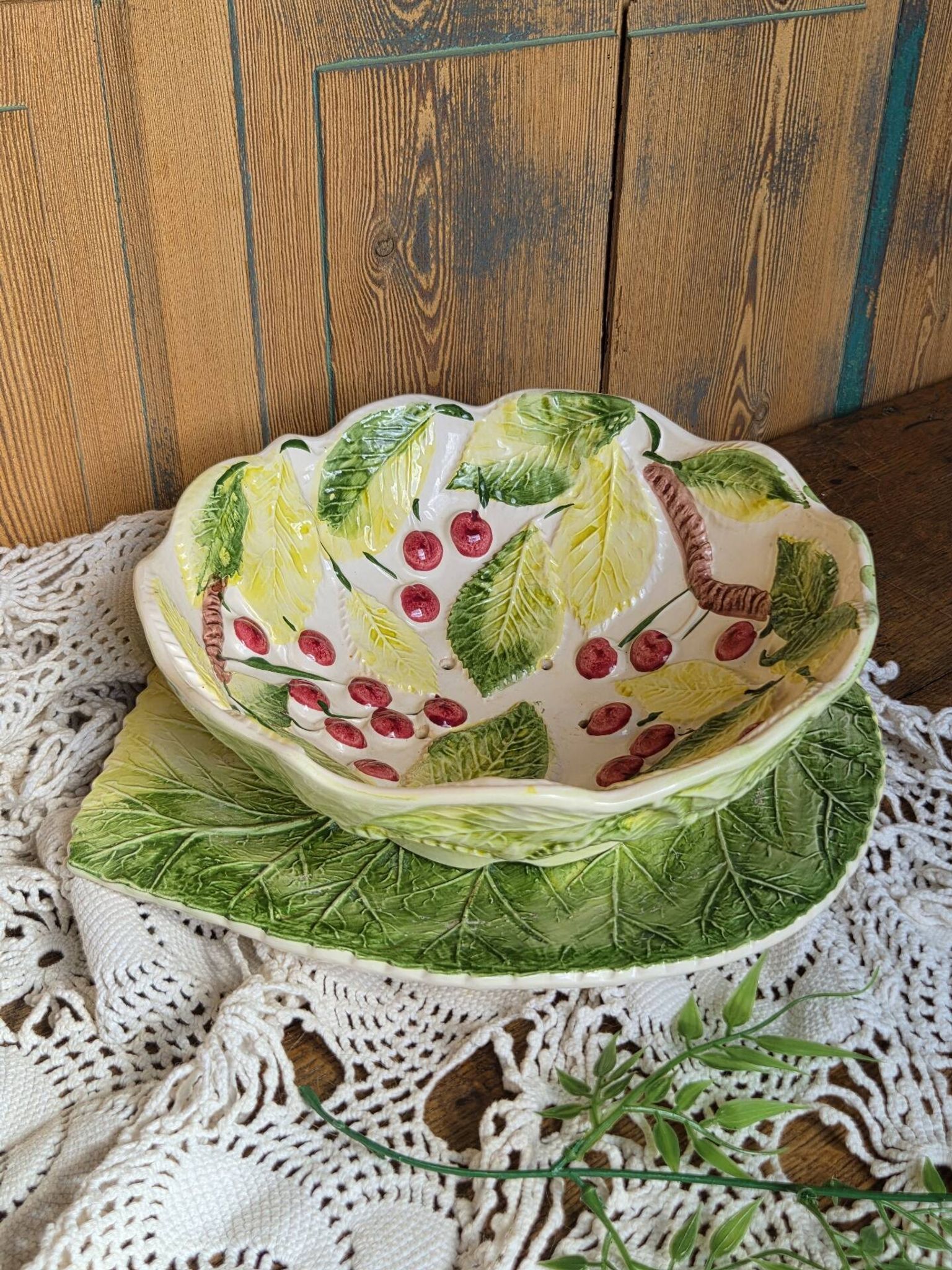 Vintage fruit colander bowl in barbotine signed GV