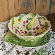 Vintage fruit colander bowl in barbotine signed GV