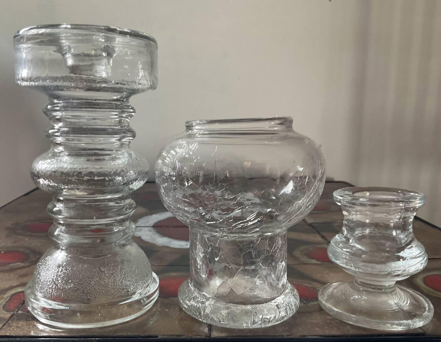 Trio of vintage molded glass candlesticks