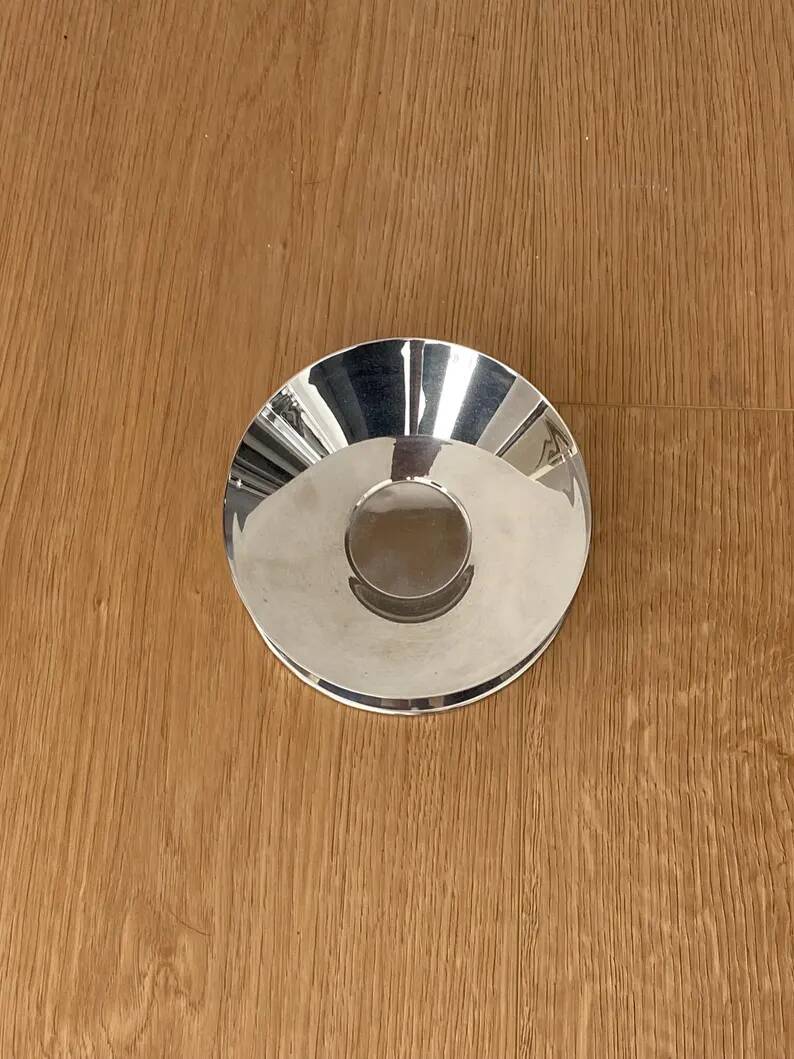 Vintage conical bowl in stainless steel, metal platter with a futuristic style, sculptural serving bowl Mid-Century Modern.