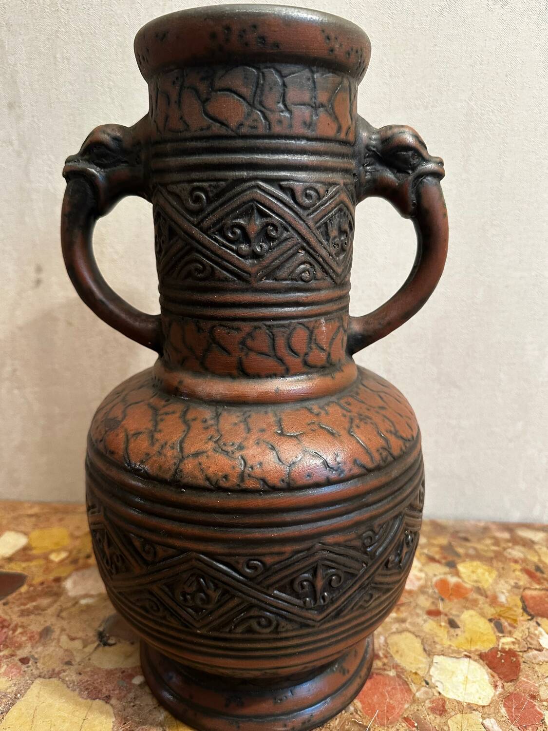 Jasba Vase 5005 - West Germany 60’s - Relief decor, Zoomorphic handles -