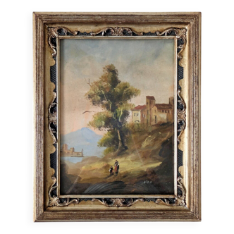 Tableau ancien italien avec cadre florentin et verre bombé