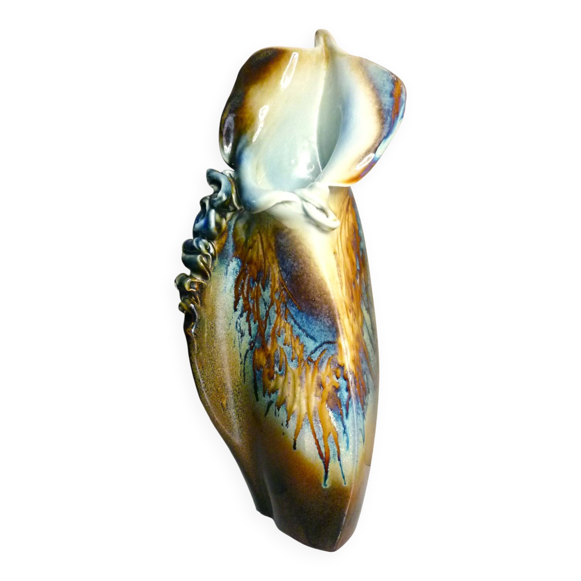 Glazed ceramic vase, unique piece, signed D. Prioton, shell neck