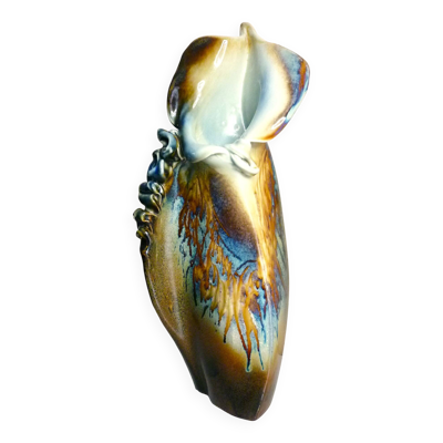 Vase en céramique émaillée, pièce unique, signé D. Prioton, col coquillage