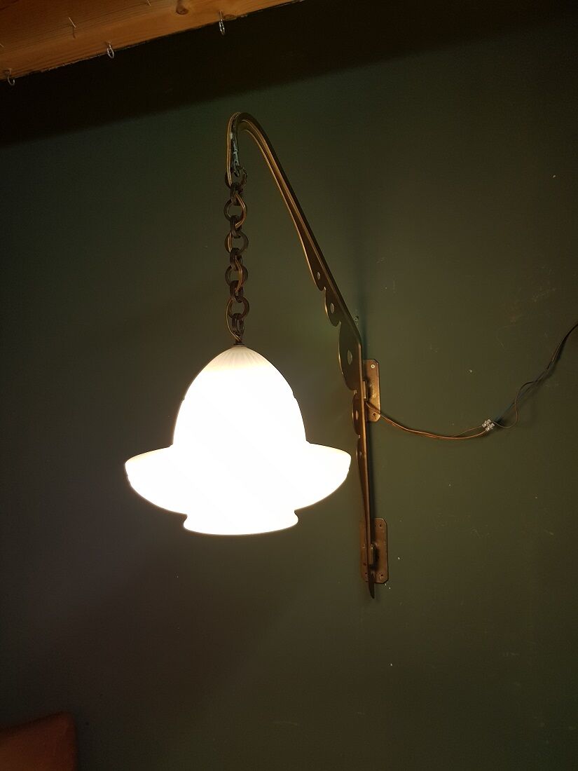 Early 20th century art deco wall lamp with brass bracket and opaline glass shade