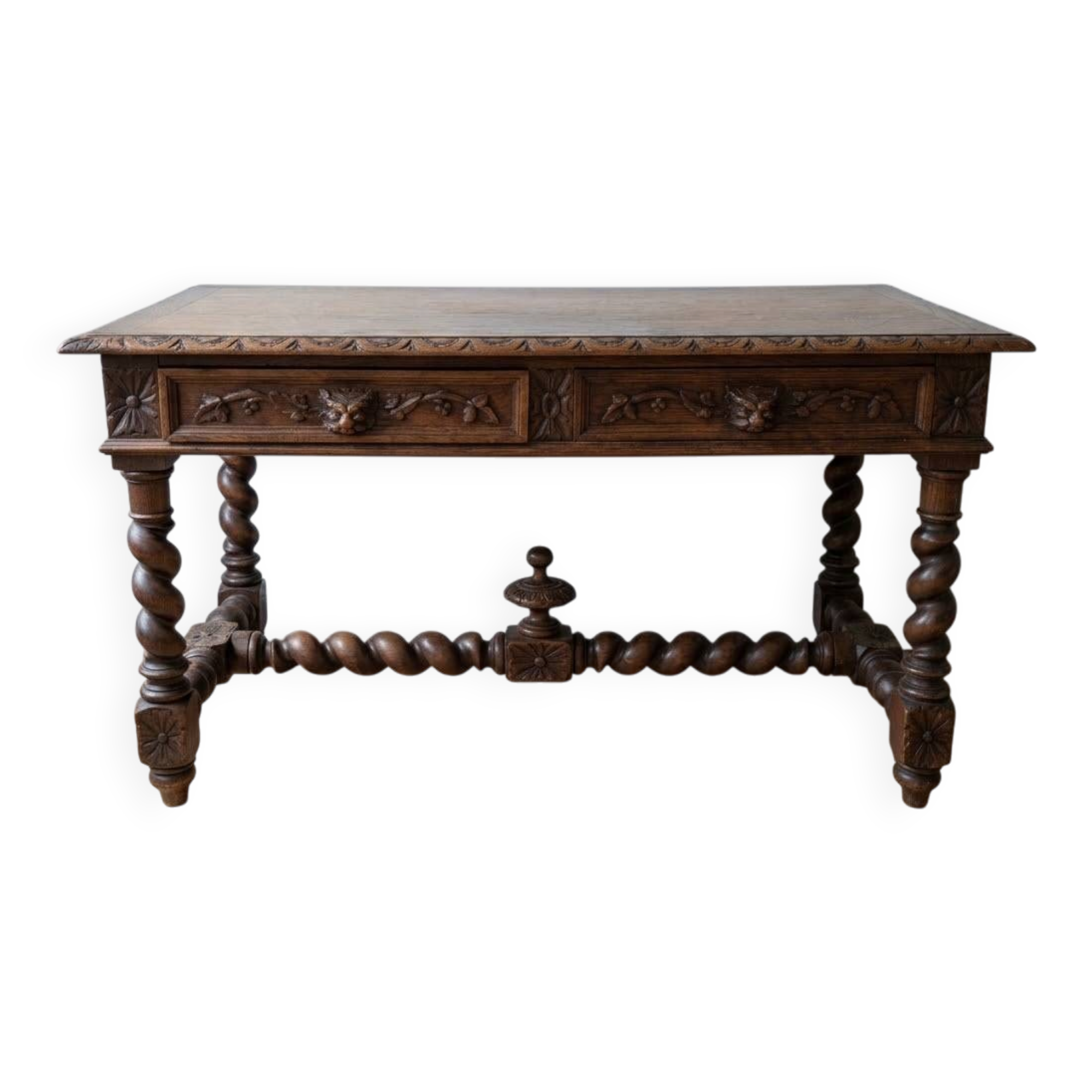 Antique solid wood carved desk in Louis XIII style.