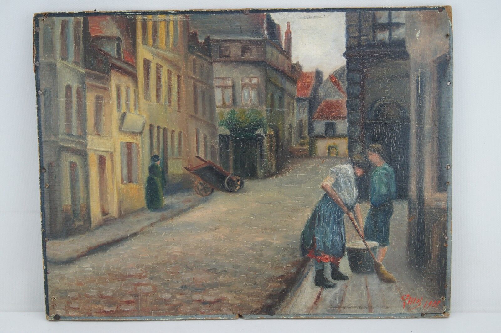 Oil on cardboard "The Street" signed and dated "Gillot 1918"