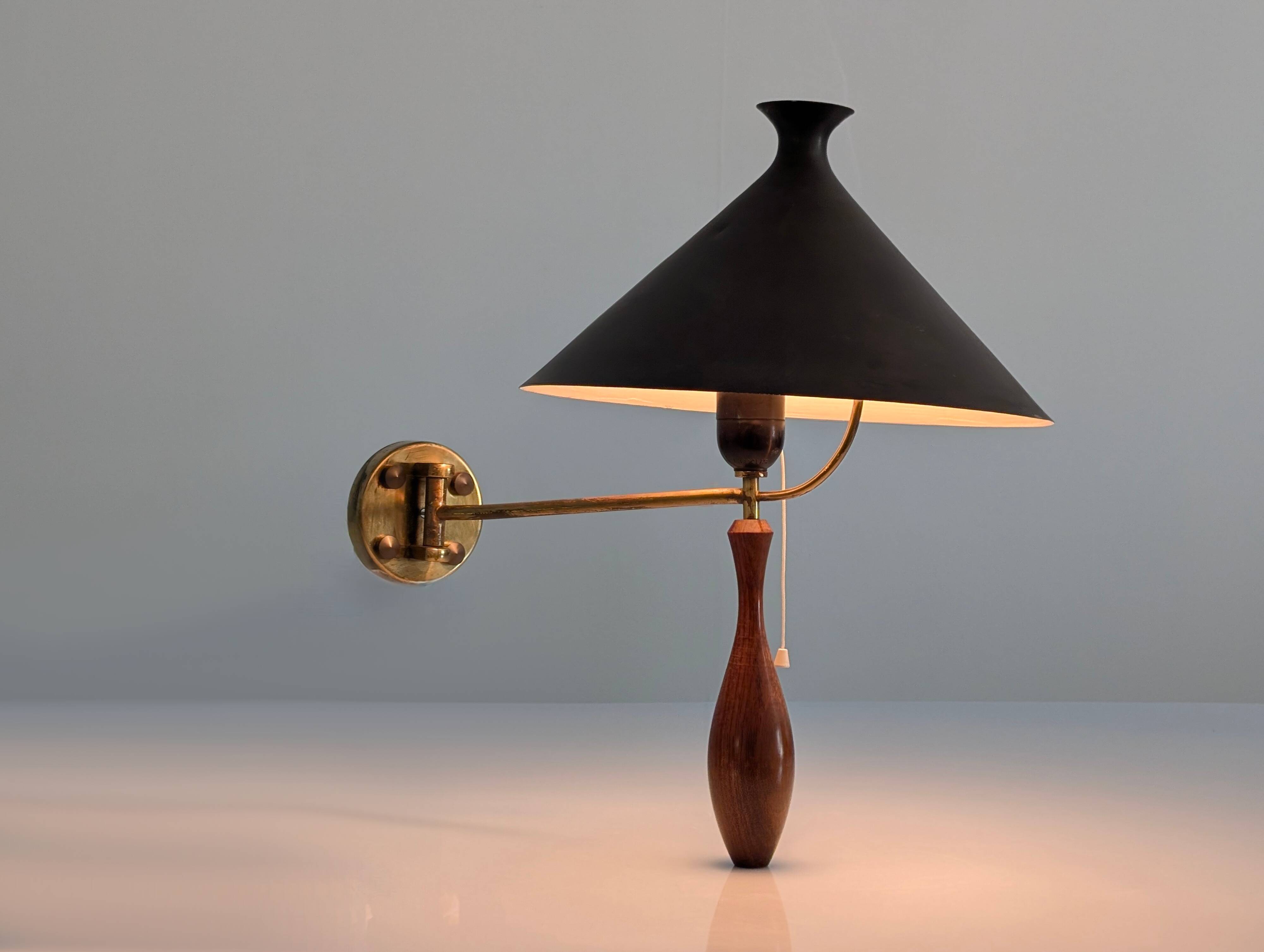 Mid-Century Wall Lamp in Brass and Wood with Black Shade, 1950s