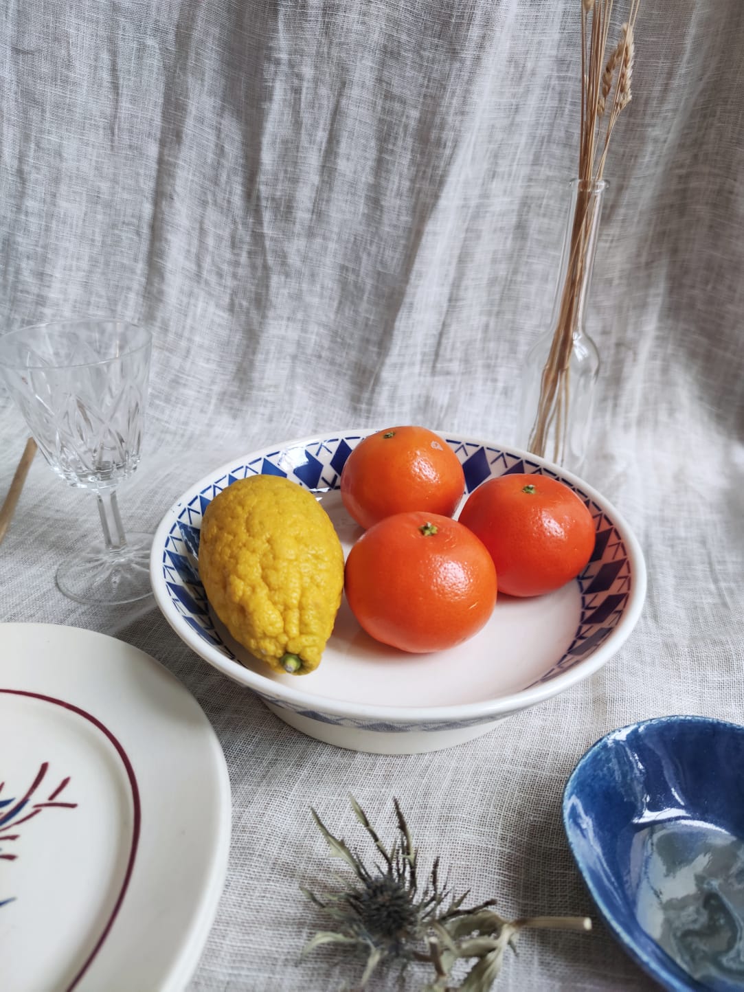 Badonviller Round Foot Dishes Blue Harlequin Patterns "Marie"