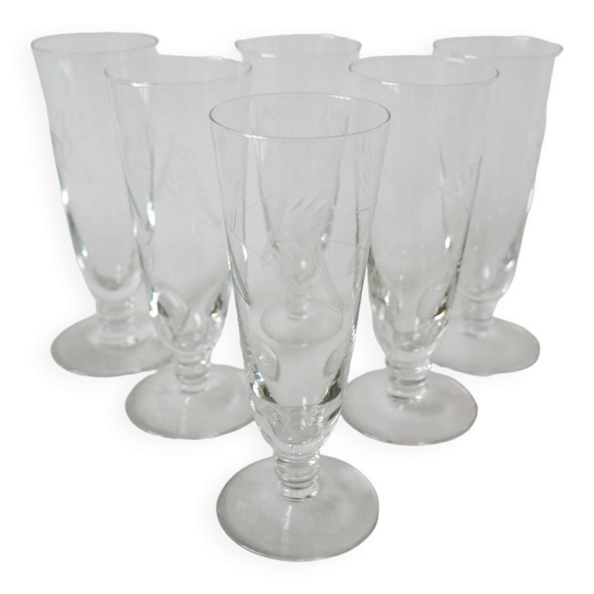 Lot de 6 flûtes à champagne gravées 1960