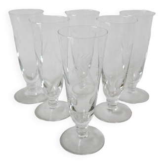 Set of 6 champagne flutes engraved 1960