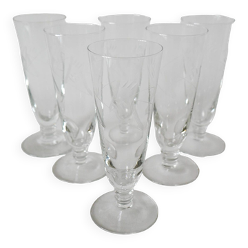 Set of 6 champagne flutes engraved 1960