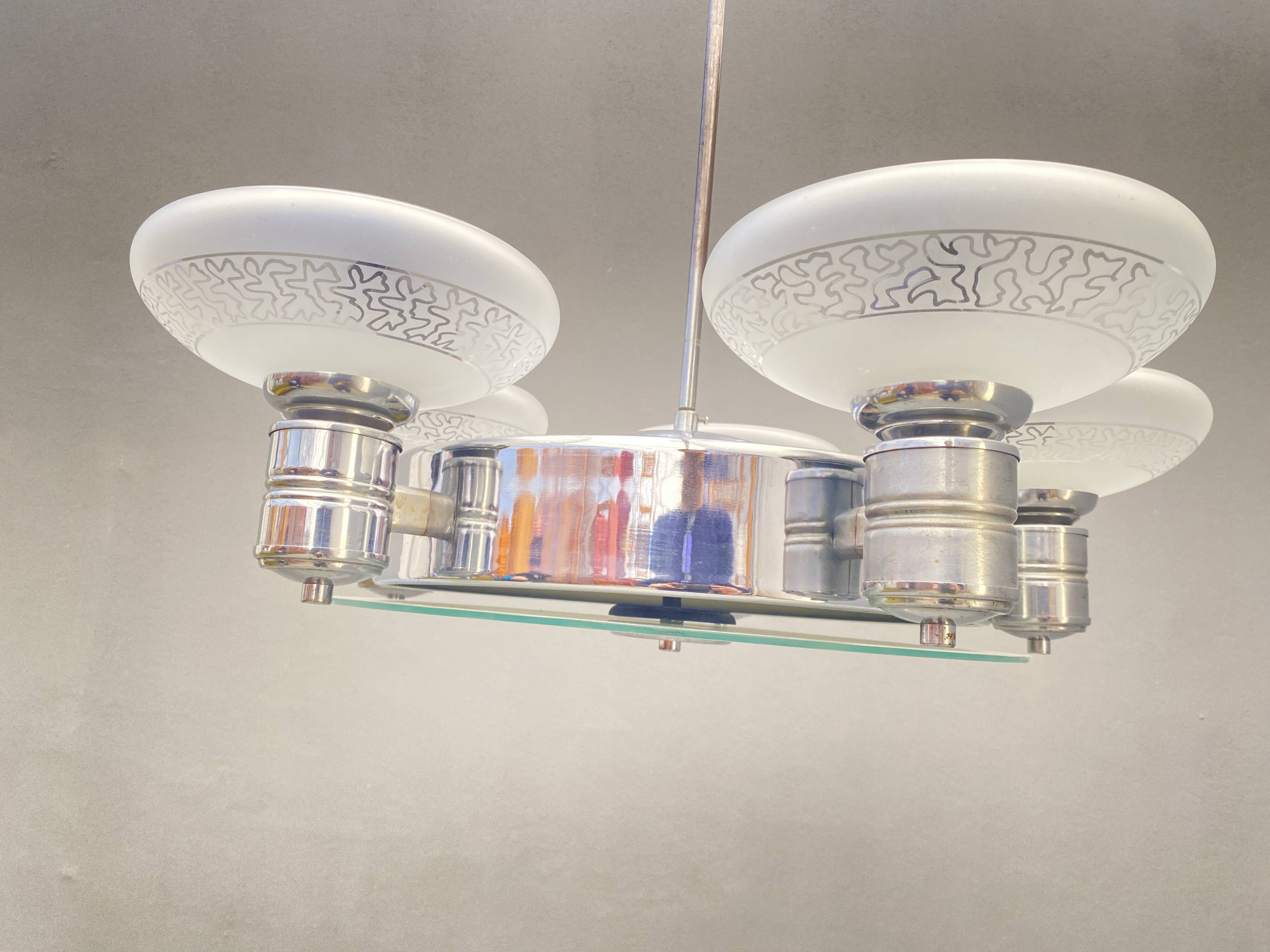 Art Deco Chrome Chandelier with Glass Bowl Shades