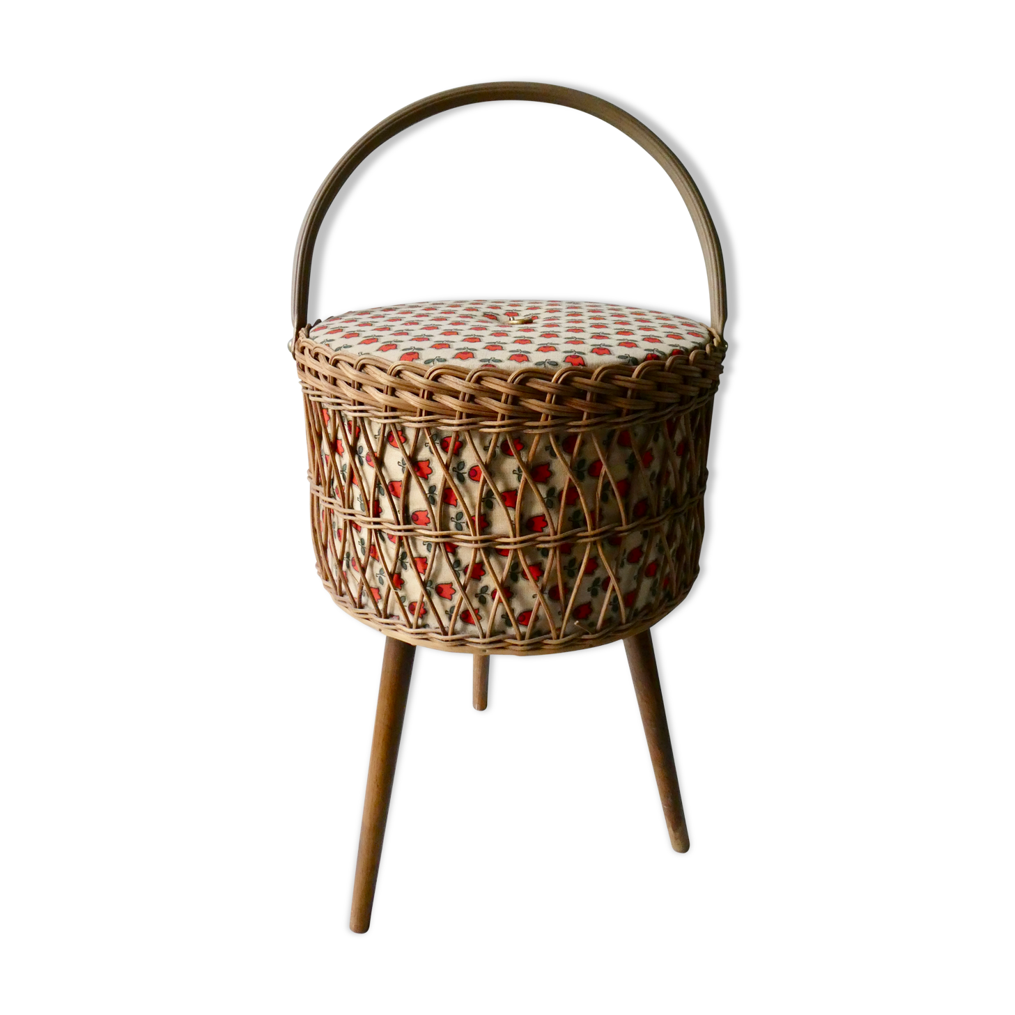 Tripod worker, sewing box, rattan and wood, 60s