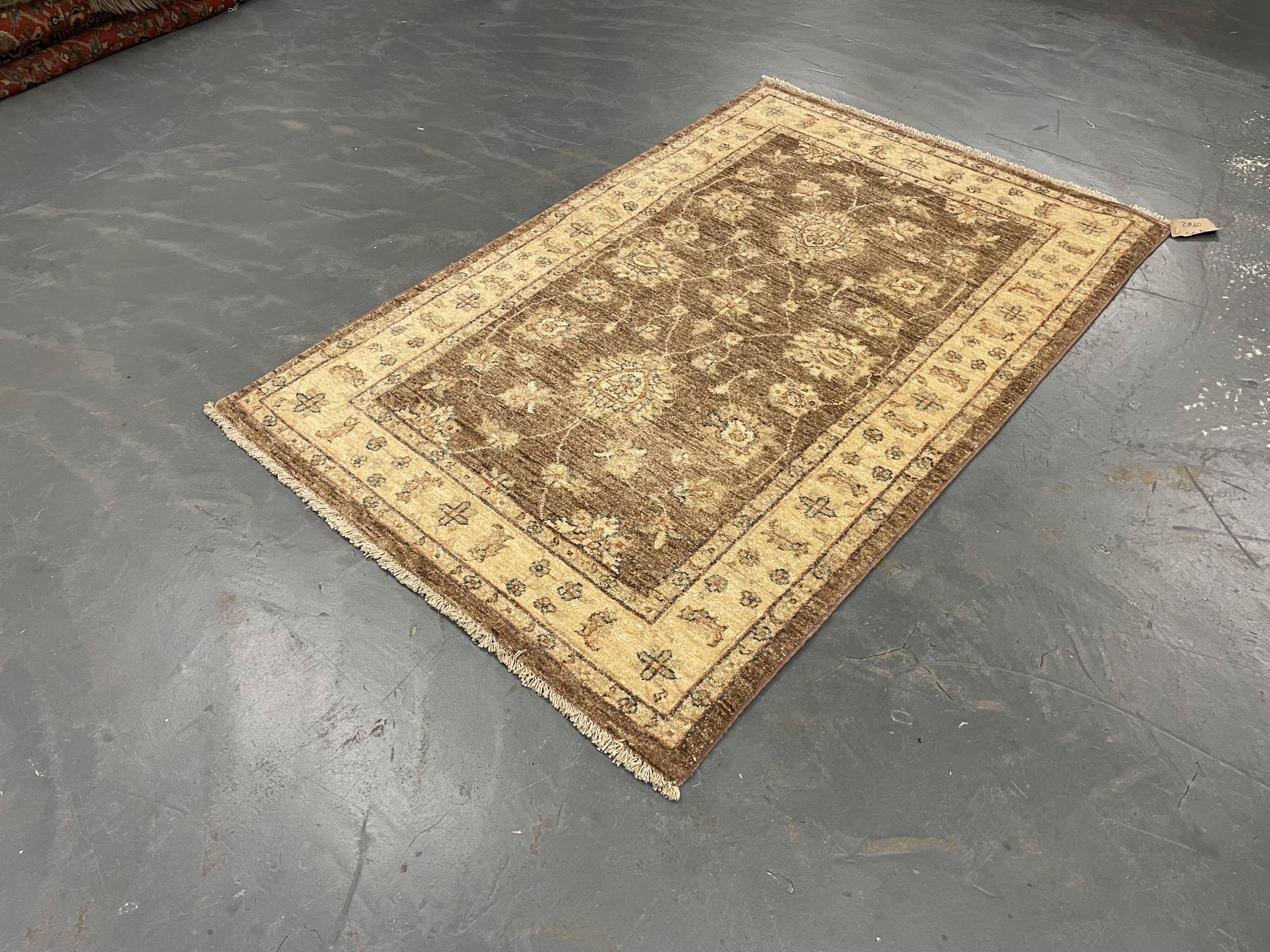 Brown Wool Rug, Handmade Floral Ziegler Carpet 148x96cm Oriental Decor
