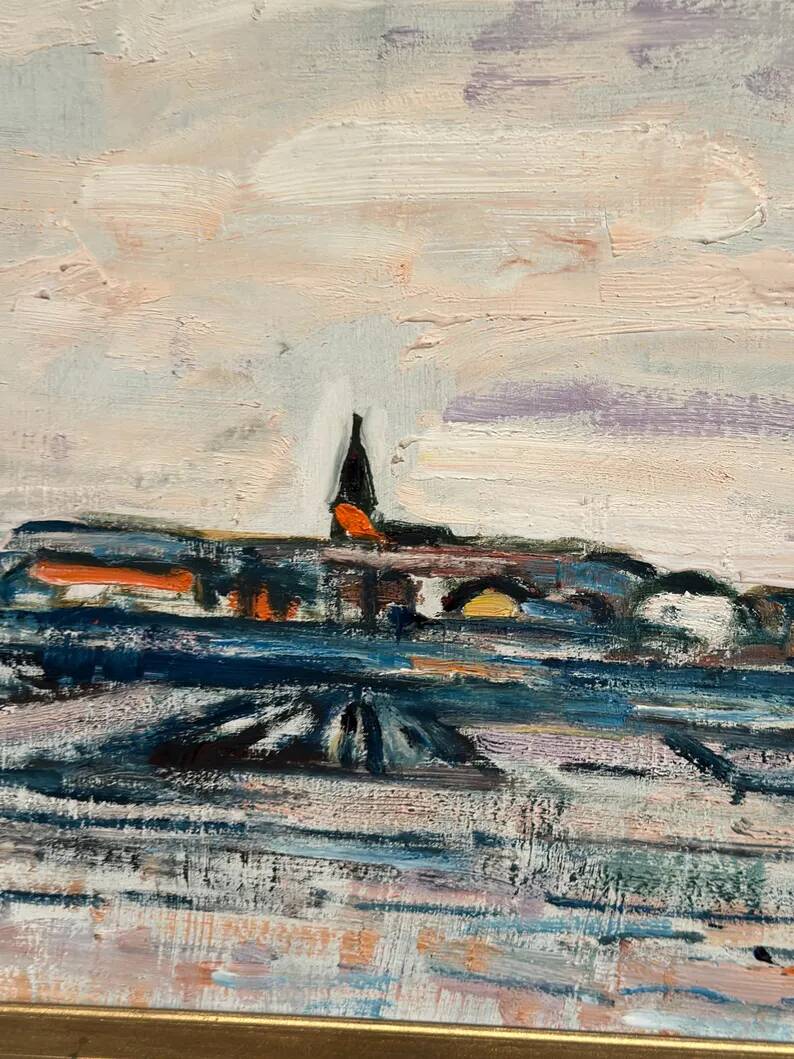 Original Swedish Oil on Panel – "Uppsala" by Gusten Widerbäck – Signed – Dated 1965 (on the back) – Framed – 38 × 43 cm