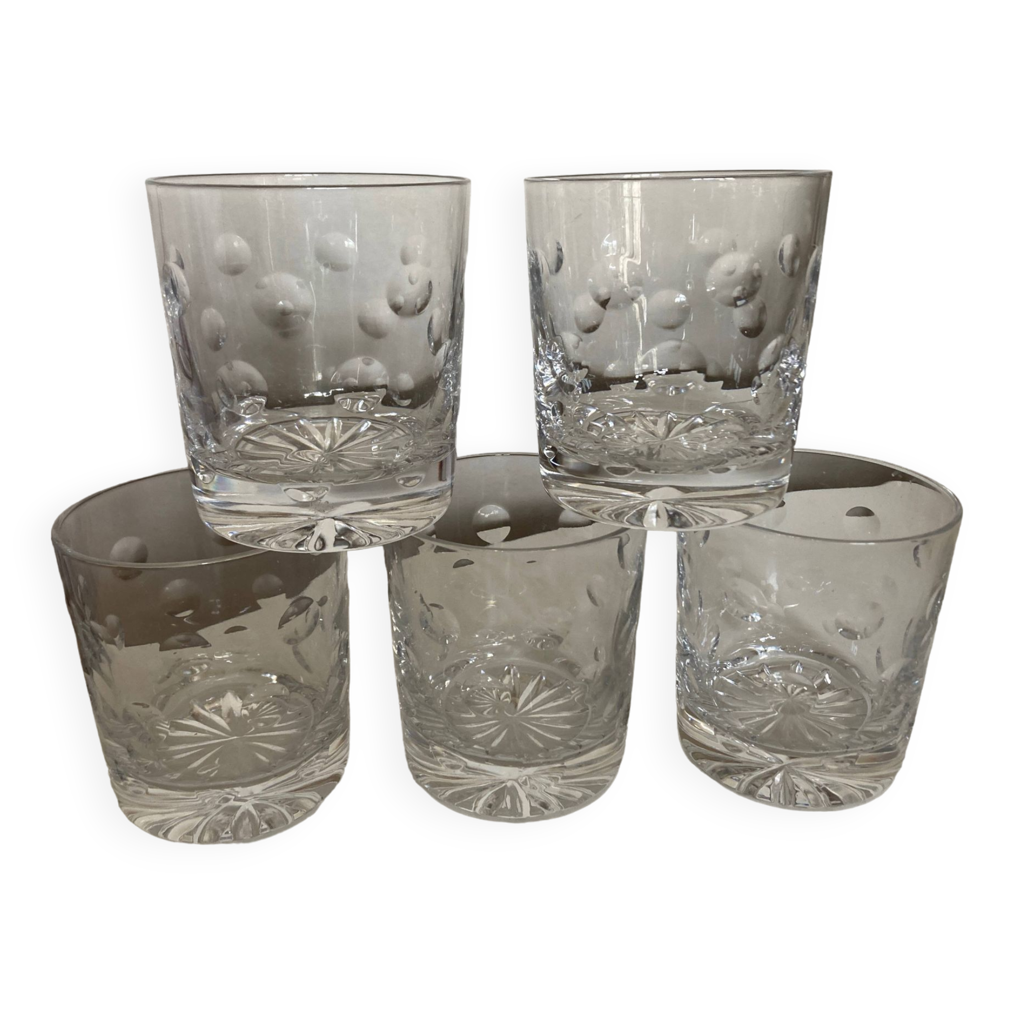 Set of 5 crystal whiskey tumblers giving polka dot cut 1970