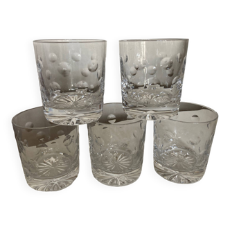 Set of 5 crystal whiskey tumblers giving polka dot cut 1970