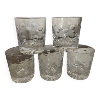 Set de 5 gobelets à whisky en cristal donnant taillé à pois 1970