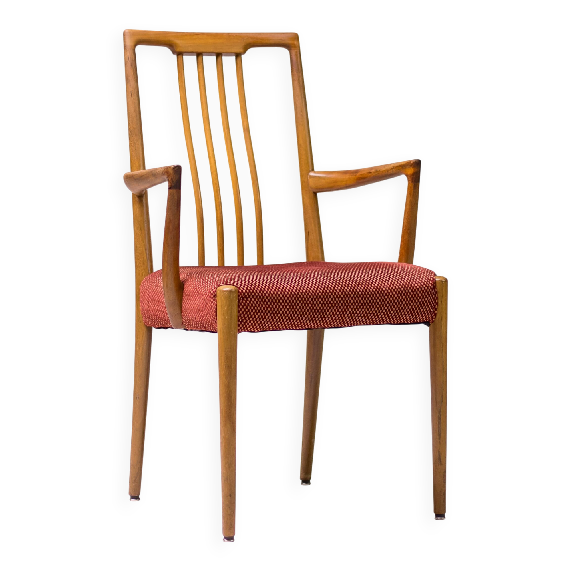 Set of six carved walnut dining chairs, Italy, 1955