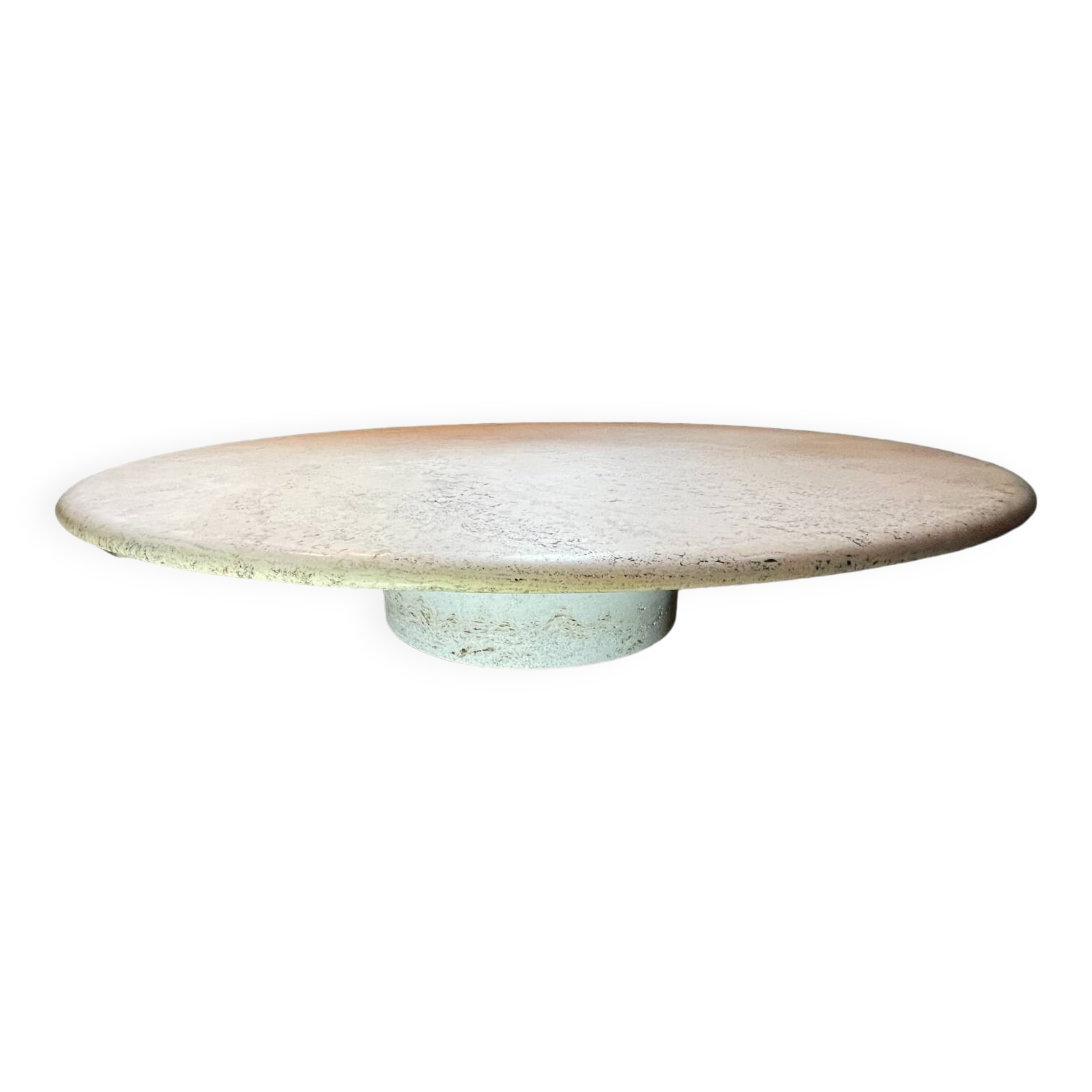 Round travertine coffee table, attributed to Angelo Mangiarotti, central cylindrical leg, 1970s