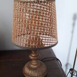 Very original vintage metal lamp with its caned lampshade