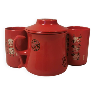 Teapot DUO red ceramic Asian black pattern with 2 cups