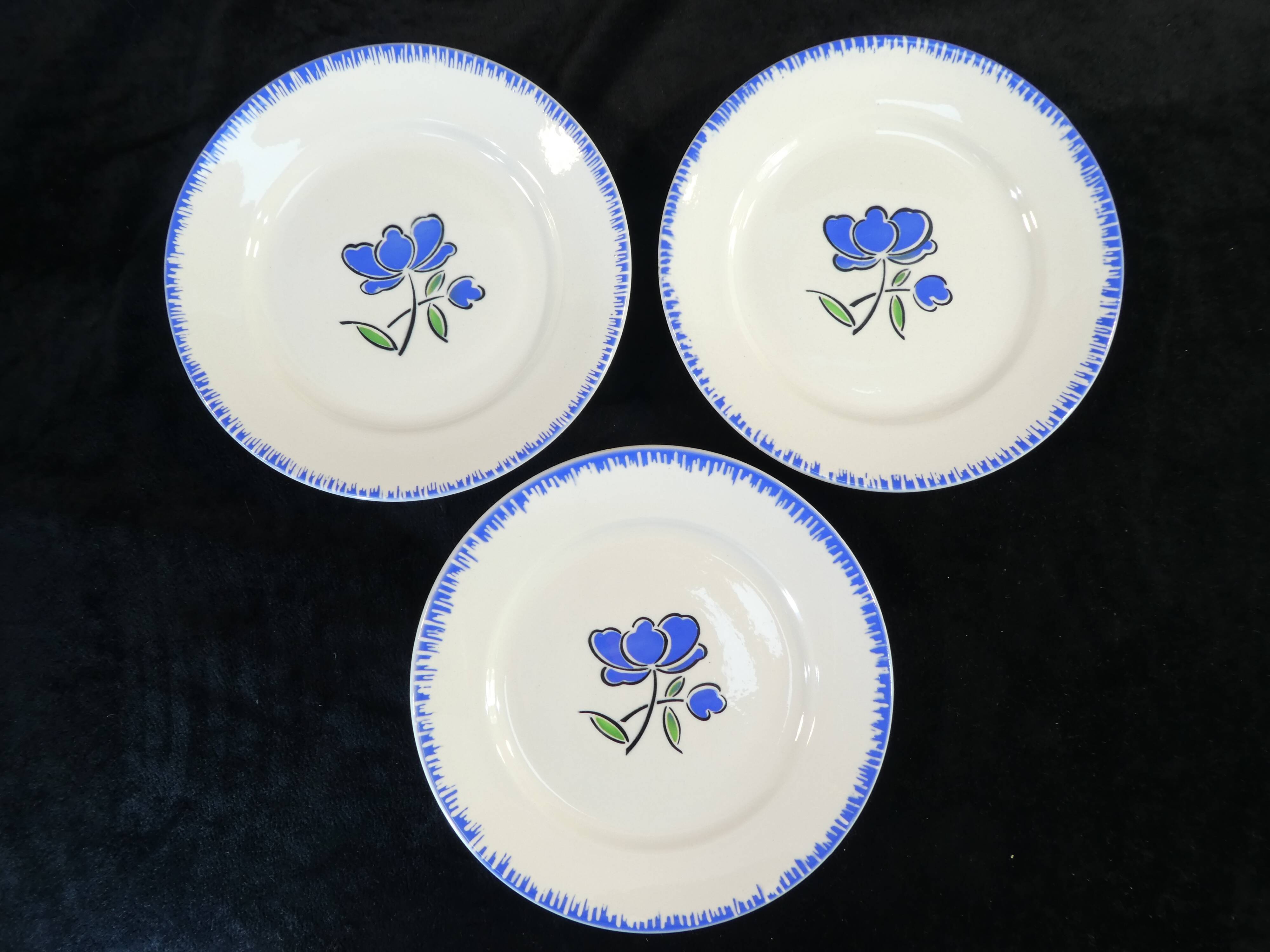 12 flat plates badonviller décor blue flower no digoin nº1