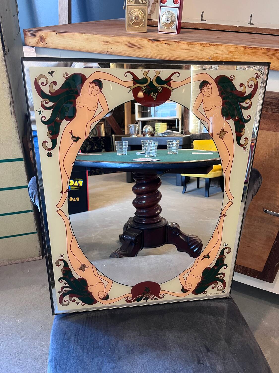 Art Deco style glass mirror, decorated upside down with nude women, signed