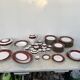 Elegant mid-century Japanese bone china service for 12 in white and noble red