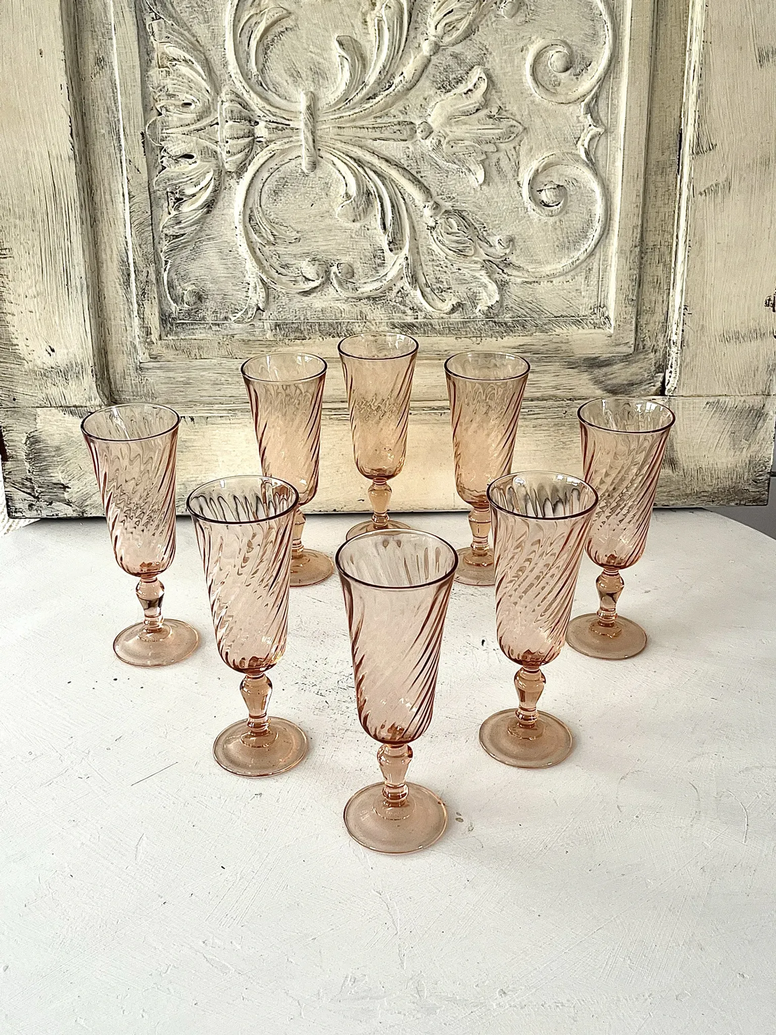 Champagne flutes pink set of 8, French swirl glass stemware rosaline