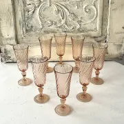Champagne flutes pink set of 8, French swirl glass stemware rosaline