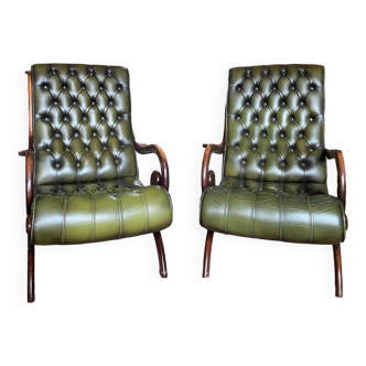 Fauteuils Chesterfield en cuir vert 1970