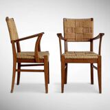 Pair of armchairs in braided raffia, Audoux Minet, 1950