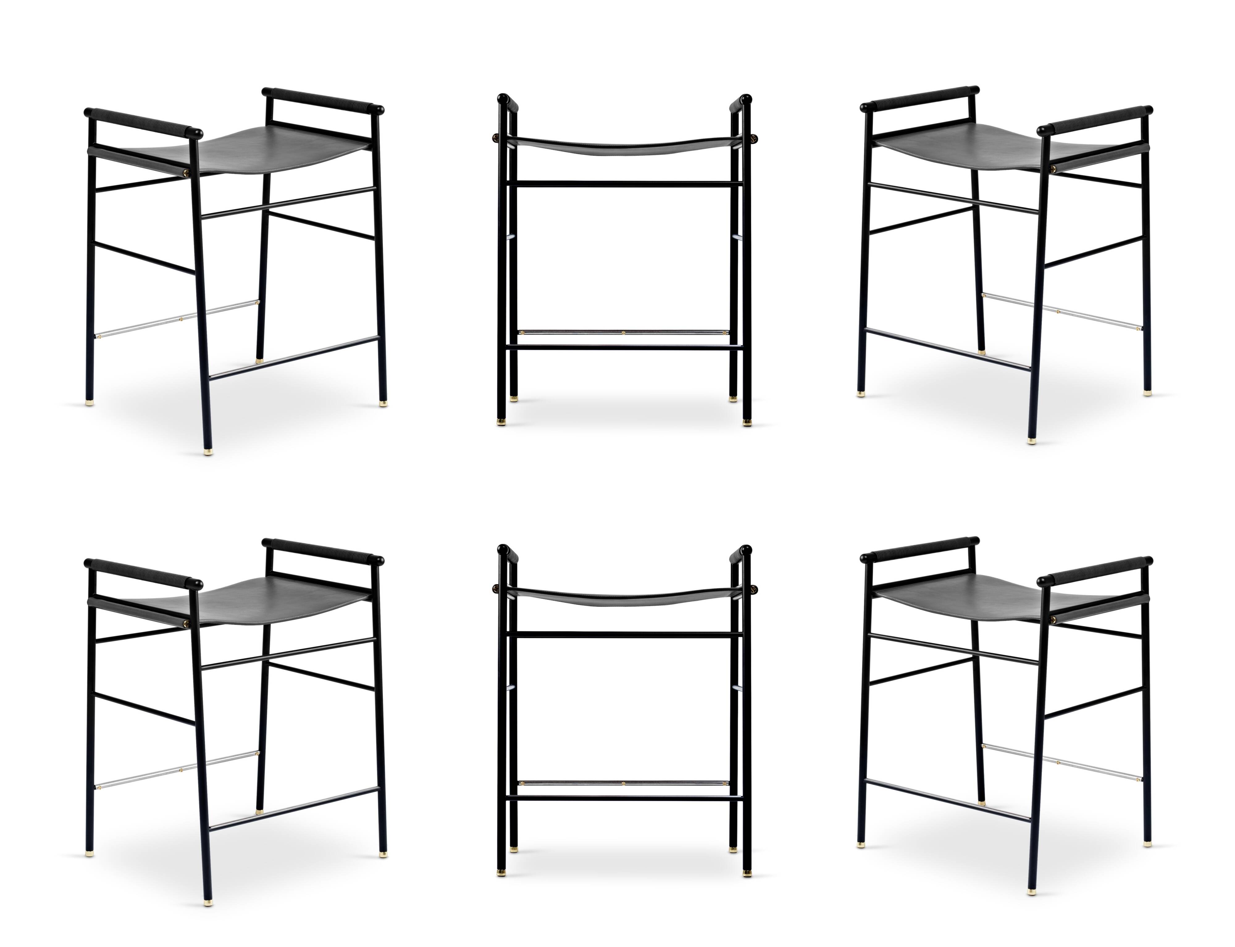 Set of 6 contemporary bar stools in black leather and black rubber.
