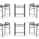 Set of 6 contemporary bar stools in black leather and black rubber.
