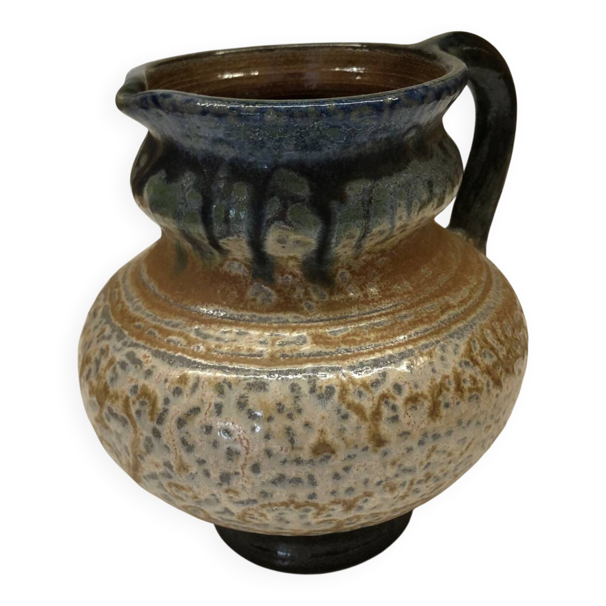 Belgian flamed salt-glazed stoneware pitcher by Pitot