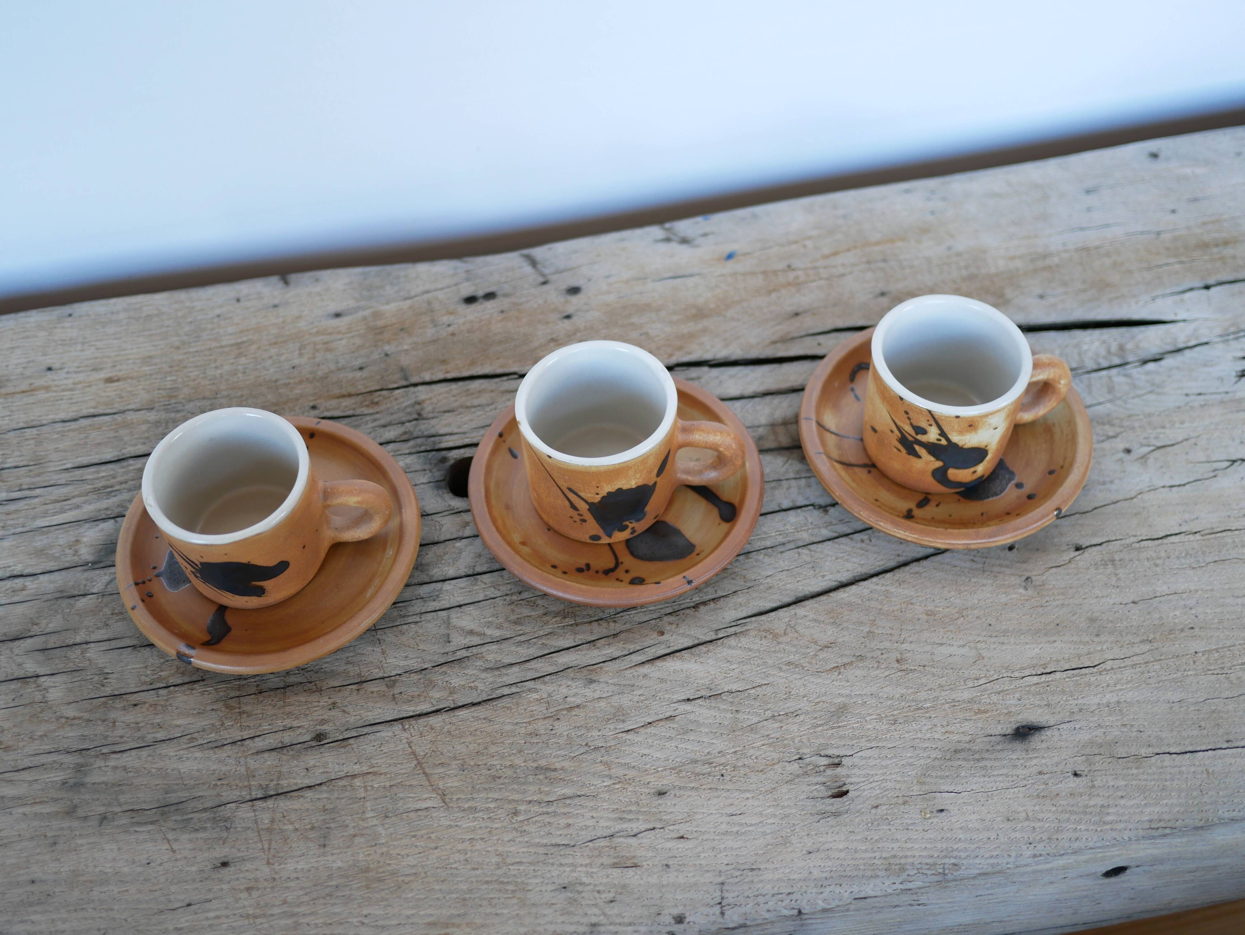 Series of 3 vintage stoneware cups and saucers by Madeleine Brault for Poterie de la Colombe