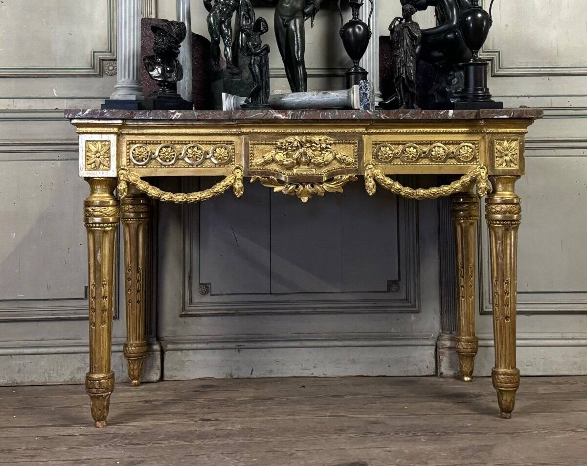 Louis XVI Console in Gilded Wood, Grey Ardennes Marble, 18th Century