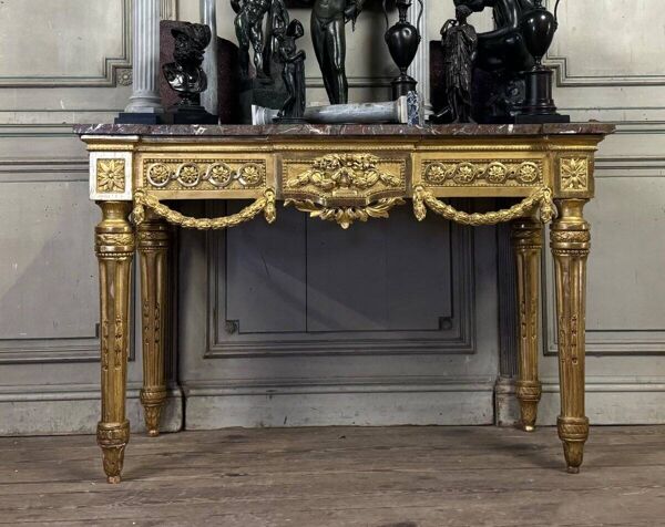 Console Louis XVI En Bois Doré, Marbre Gris Des Ardennes, XVIIIème Siècle