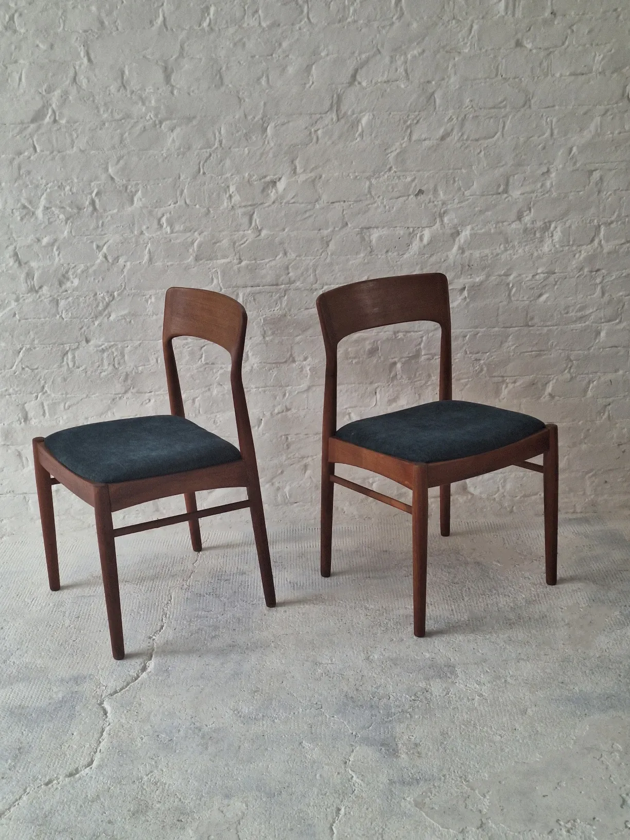 Pair of Henning Kjaernulf teak dining chairs sea blue-green, Denmark 1960s