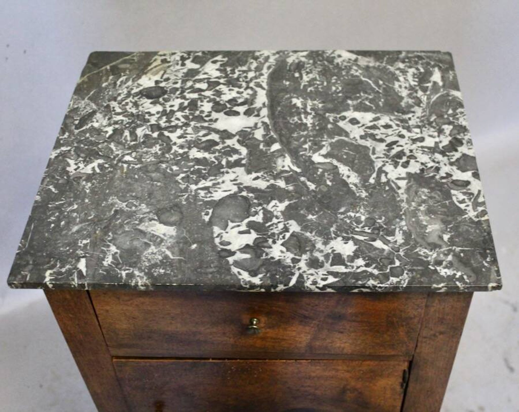Directoire bedside table in walnut with marble top.