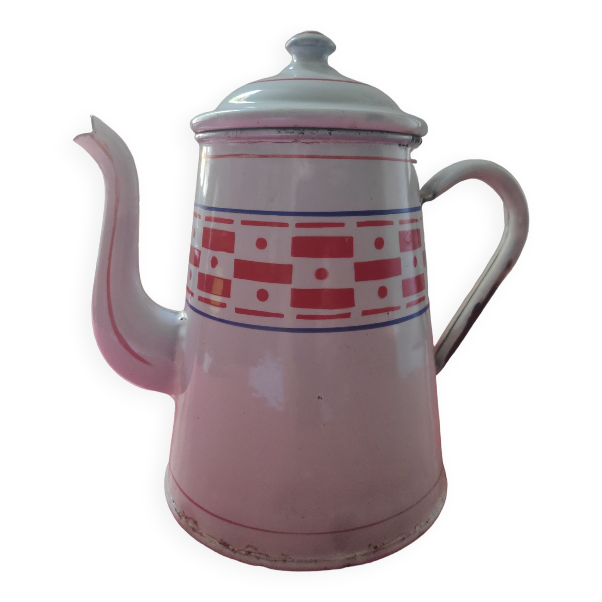 White enamelled sheet metal coffee maker with red and blue patterns