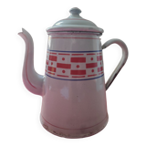 White enamelled sheet metal coffee maker with red and blue patterns