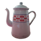 White enamelled sheet metal coffee maker with red and blue patterns