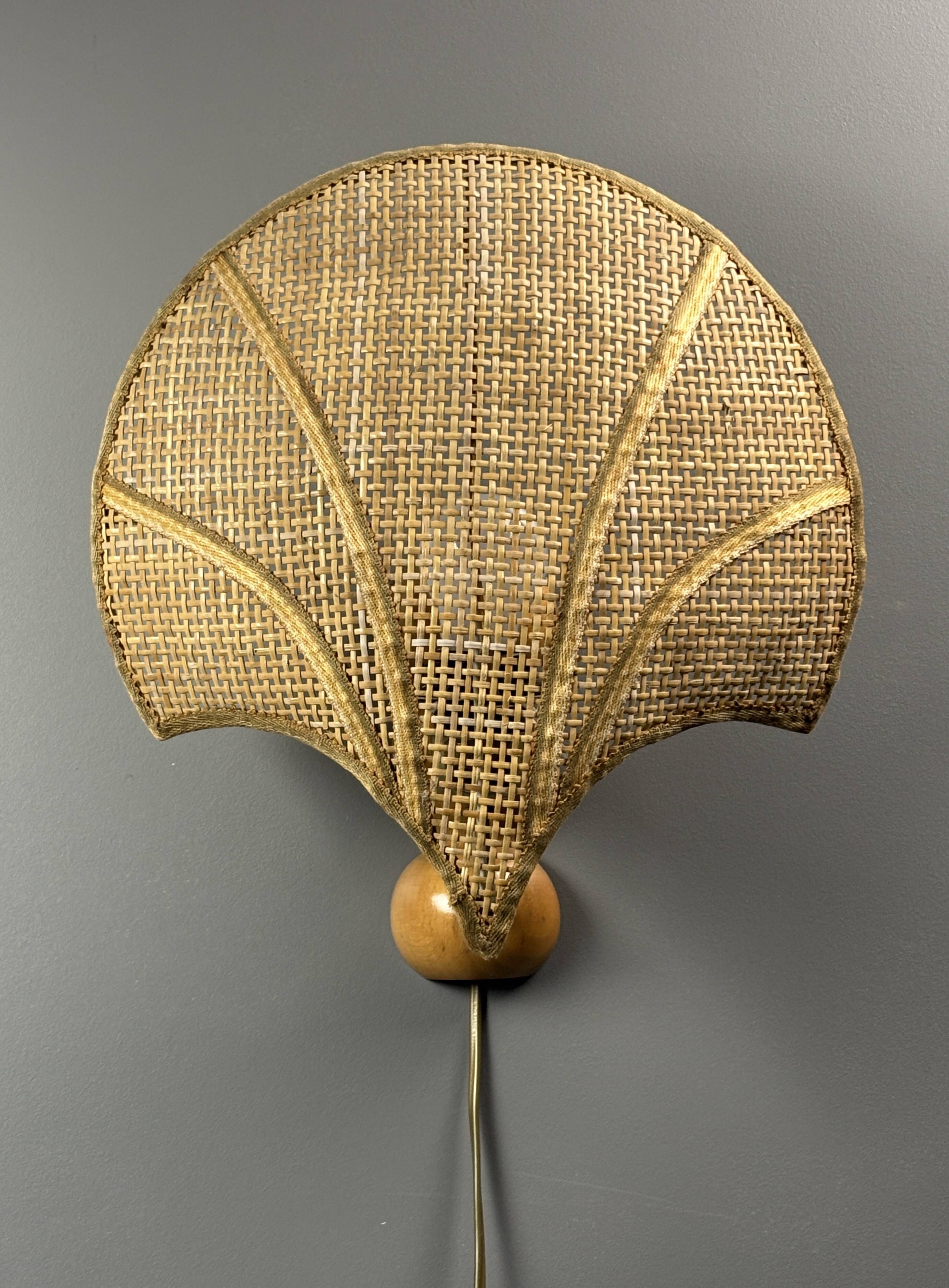 Pair midcentury Italian rattan wicker pine brass scallop wall sconces 1970s