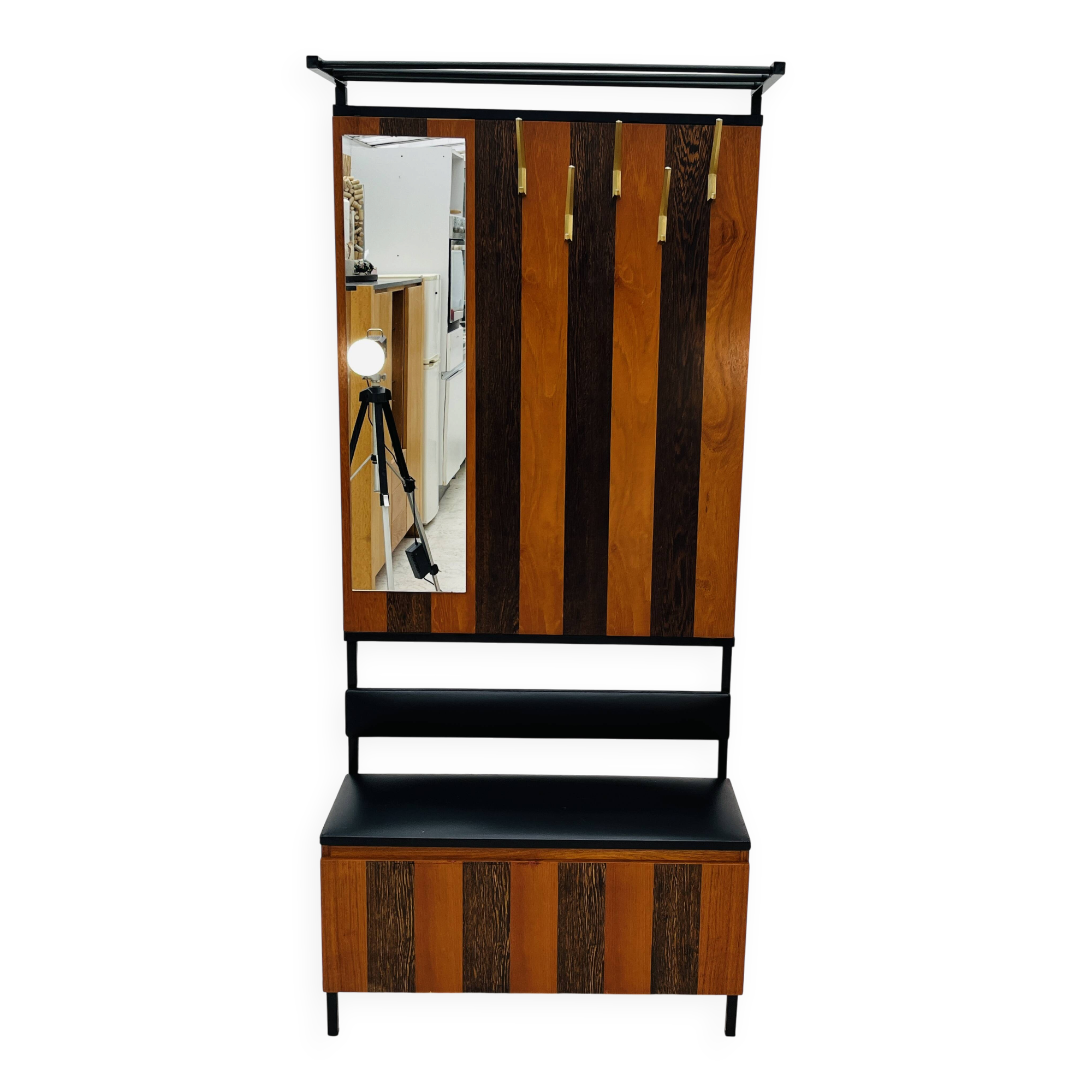 Vintage wall coat rack with storage bench from the 1970s.