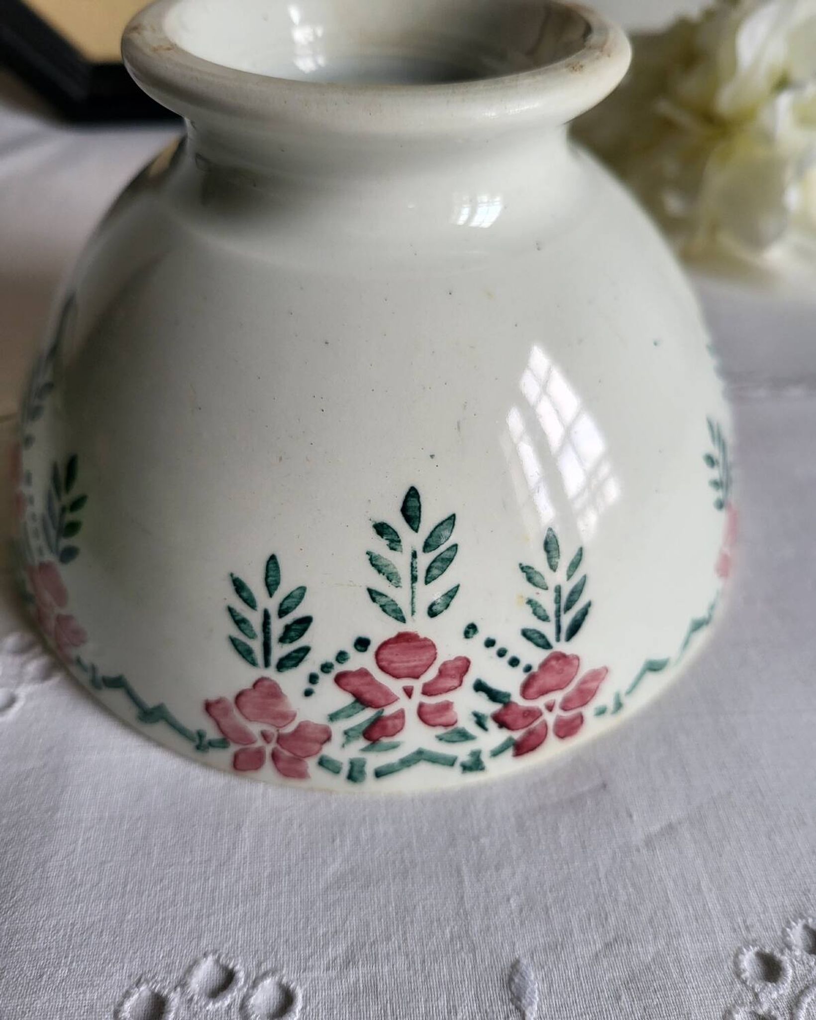 Old Bowl in Earthenware with Flower Decoration Marked underneath M